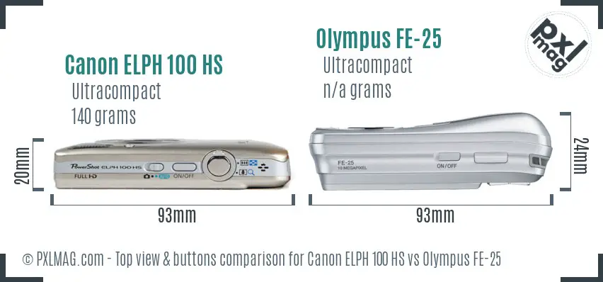 Canon ELPH 100 HS vs Olympus FE-25 top view buttons comparison