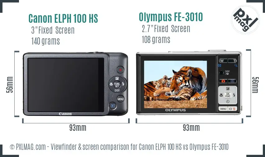 Canon ELPH 100 HS vs Olympus FE-3010 Screen and Viewfinder comparison
