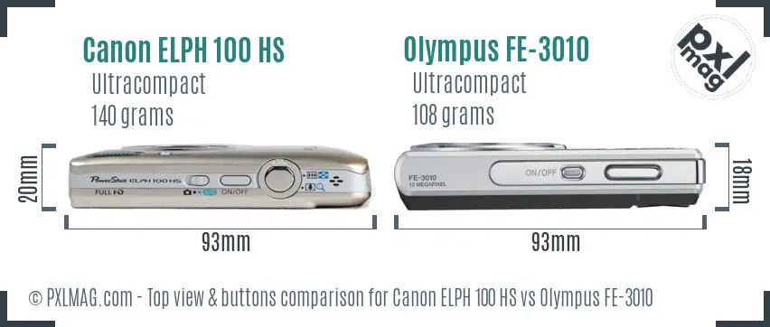 Canon ELPH 100 HS vs Olympus FE-3010 top view buttons comparison