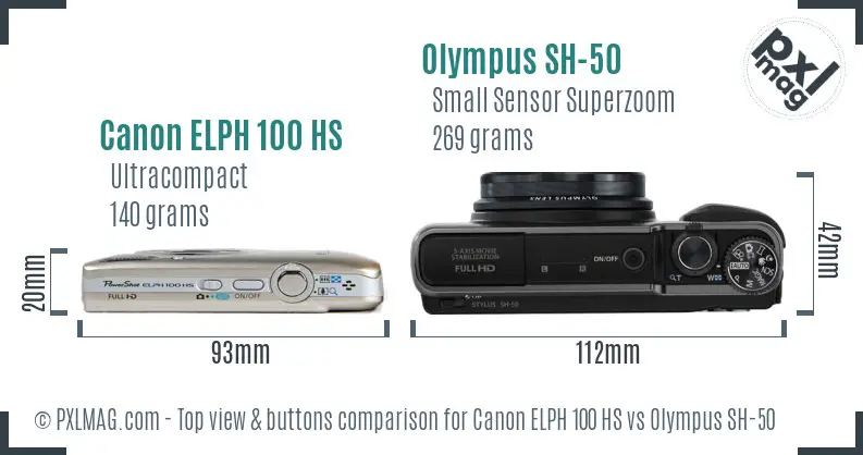 Canon ELPH 100 HS vs Olympus SH-50 top view buttons comparison