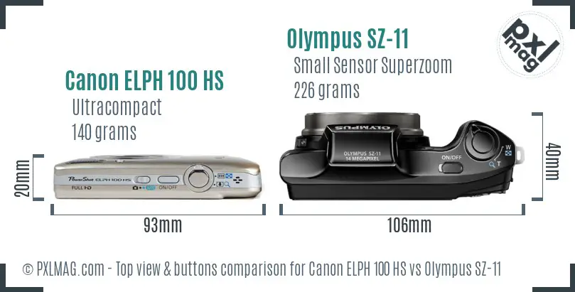 Canon ELPH 100 HS vs Olympus SZ-11 top view buttons comparison