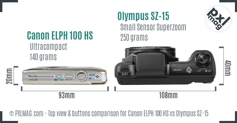 Canon ELPH 100 HS vs Olympus SZ-15 top view buttons comparison