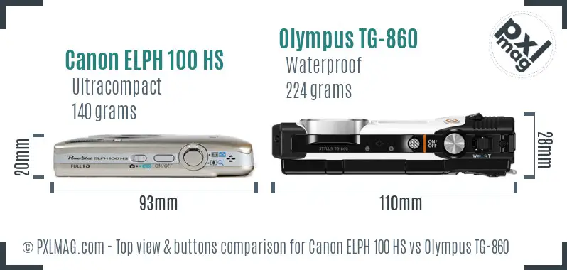 Canon ELPH 100 HS vs Olympus TG-860 top view buttons comparison