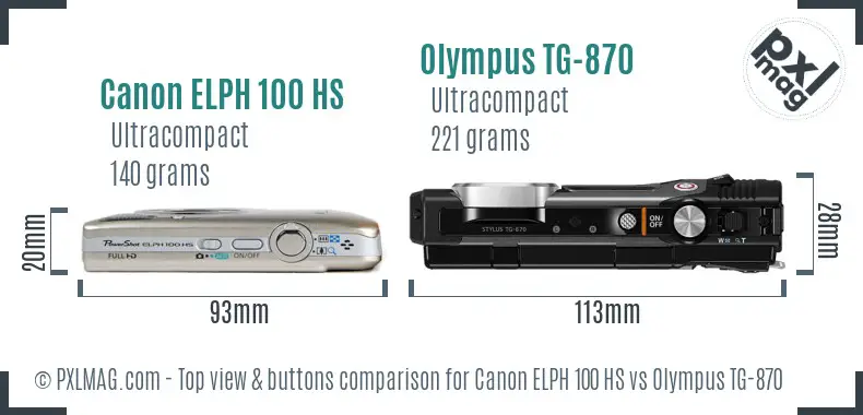 Canon ELPH 100 HS vs Olympus TG-870 top view buttons comparison