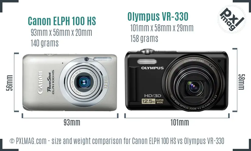 Canon ELPH 100 HS vs Olympus VR-330 size comparison