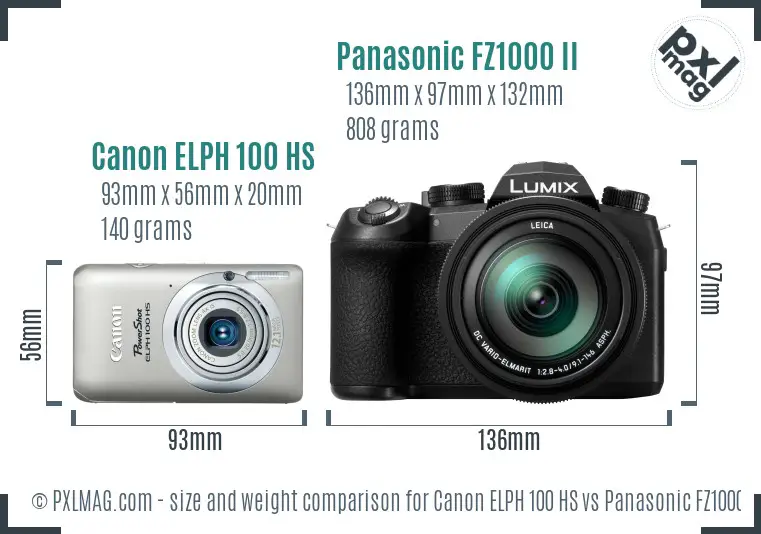 Canon ELPH 100 HS vs Panasonic FZ1000 II size comparison