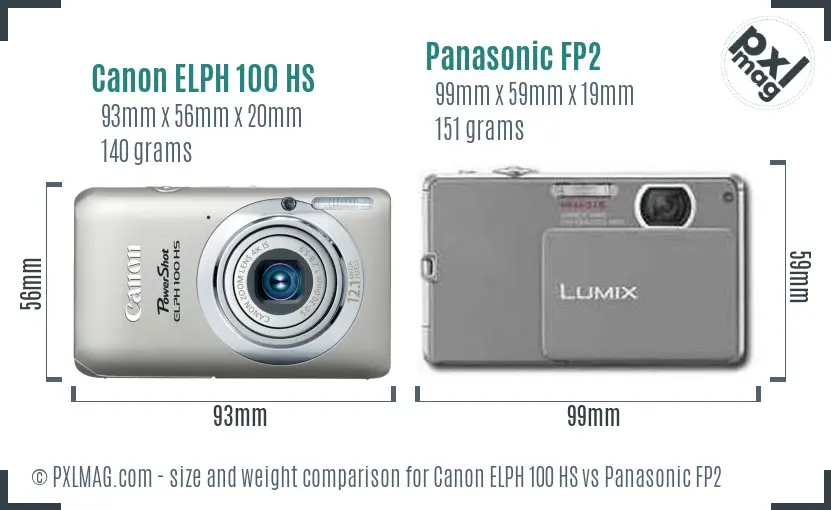 Canon ELPH 100 HS vs Panasonic FP2 size comparison
