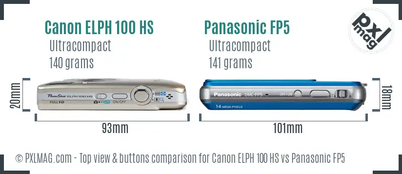 Canon ELPH 100 HS vs Panasonic FP5 top view buttons comparison
