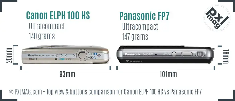 Canon ELPH 100 HS vs Panasonic FP7 top view buttons comparison Canon ELPH 100 HS vs Panasonic FP7 top view buttons comparison