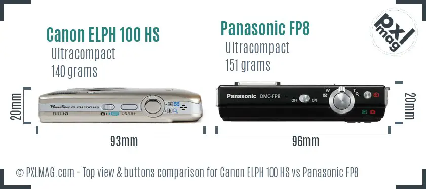 Canon ELPH 100 HS vs Panasonic FP8 top view buttons comparison