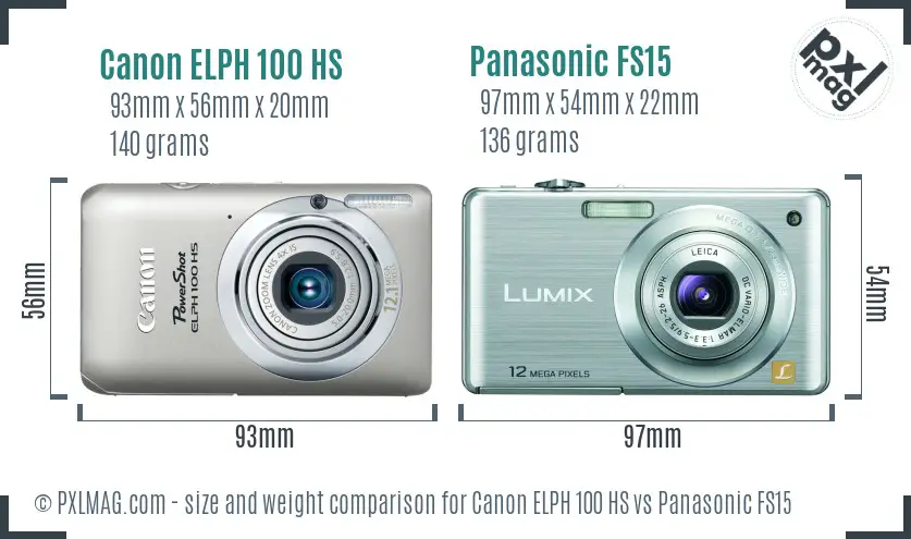 Canon ELPH 100 HS vs Panasonic FS15 size comparison