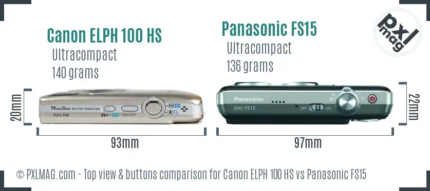 Canon ELPH 100 HS vs Panasonic FS15 top view buttons comparison