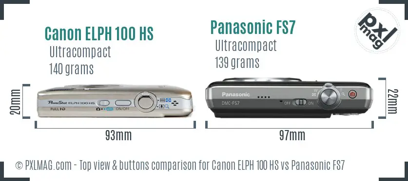 Canon ELPH 100 HS vs Panasonic FS7 top view buttons comparison Canon ELPH 100 HS vs Panasonic FS7 top view buttons comparison