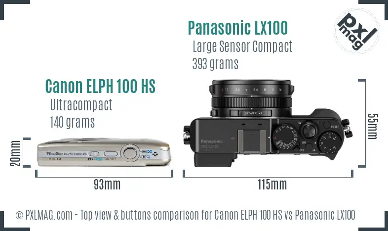 Canon ELPH 100 HS vs Panasonic LX100 top view buttons comparison
