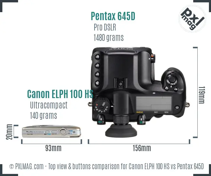 Canon ELPH 100 HS vs Pentax 645D top view buttons comparison