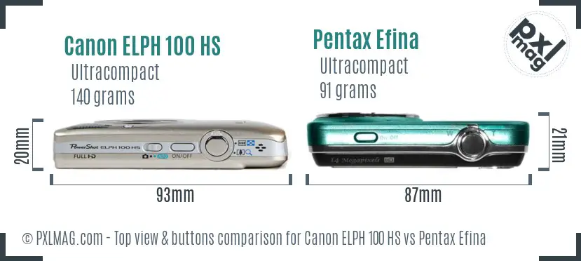 Canon ELPH 100 HS vs Pentax Efina top view buttons comparison