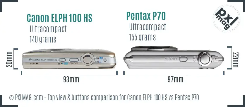 Canon ELPH 100 HS vs Pentax P70 top view buttons comparison