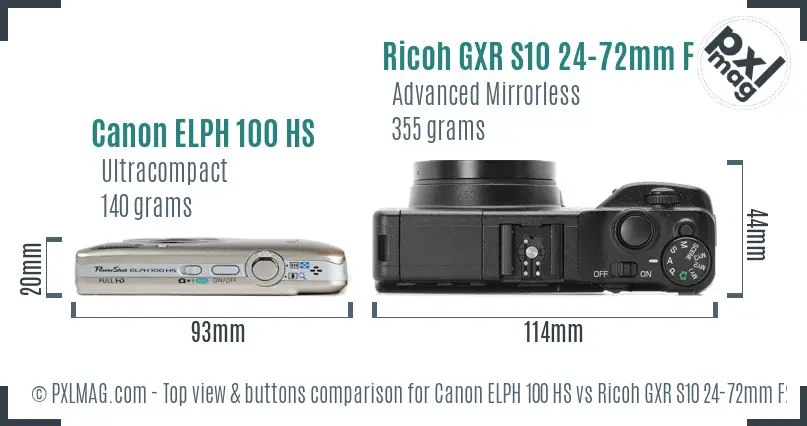 Canon ELPH 100 HS vs Ricoh GXR S10 24-72mm F2.5-4.4 VC top view buttons comparison