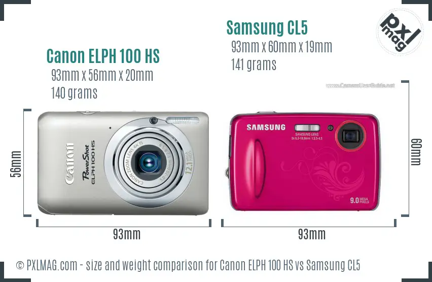 Canon ELPH 100 HS vs Samsung CL5 size comparison