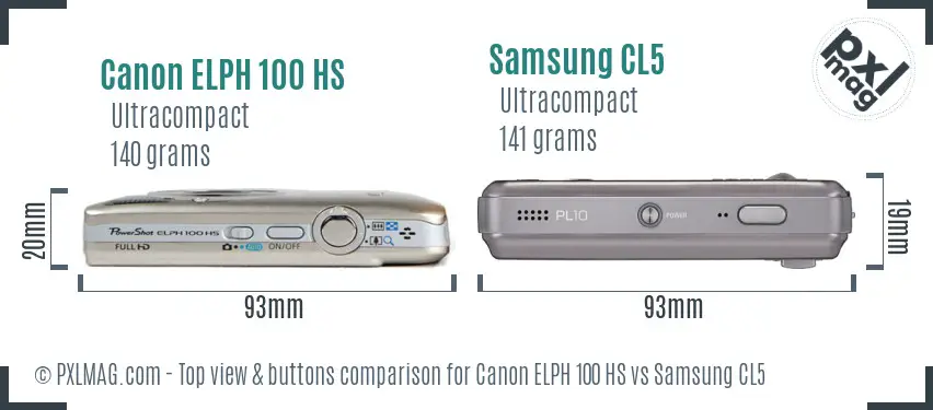 Canon ELPH 100 HS vs Samsung CL5 top view buttons comparison