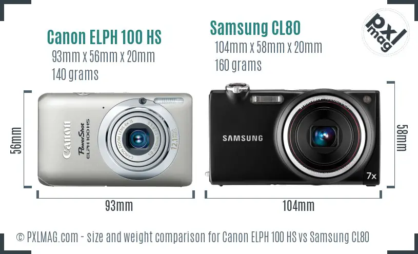 Canon ELPH 100 HS vs Samsung CL80 size comparison