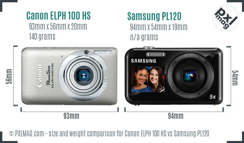 Canon ELPH 100 HS vs Samsung PL120 size comparison