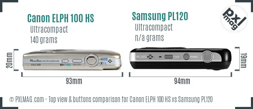 Canon ELPH 100 HS vs Samsung PL120 top view buttons comparison