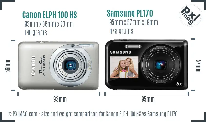 Canon ELPH 100 HS vs Samsung PL170 size comparison