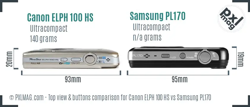 Canon ELPH 100 HS vs Samsung PL170 top view buttons comparison