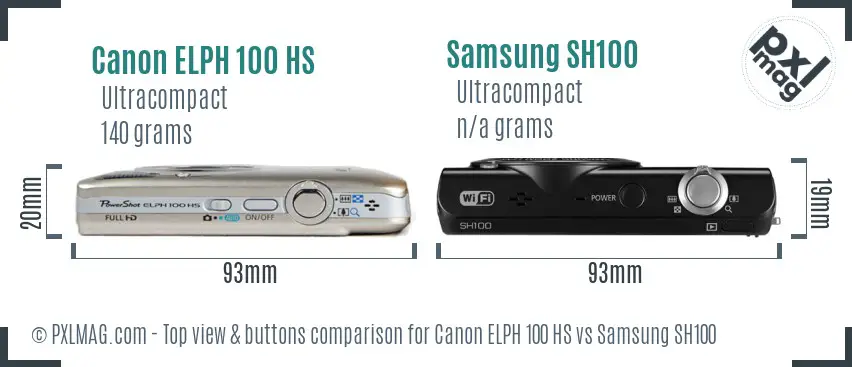 Canon ELPH 100 HS vs Samsung SH100 top view buttons comparison