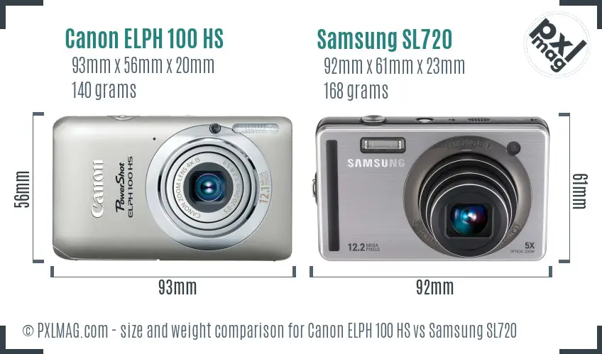 Canon ELPH 100 HS vs Samsung SL720 size comparison