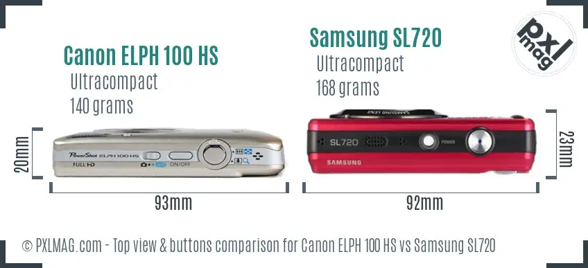 Canon ELPH 100 HS vs Samsung SL720 top view buttons comparison