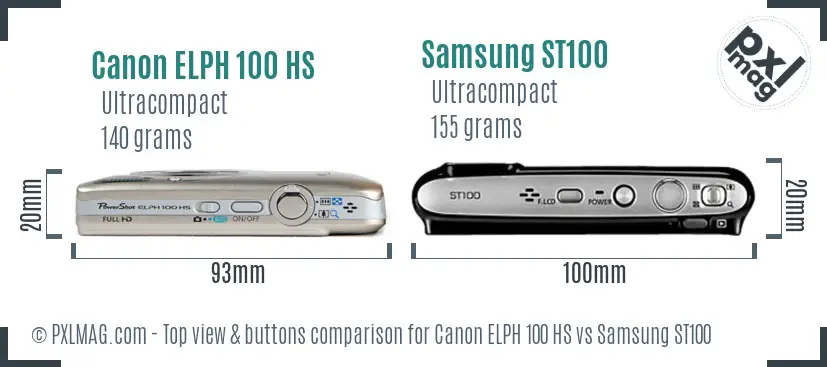 Canon ELPH 100 HS vs Samsung ST100 top view buttons comparison