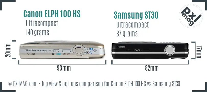 Canon ELPH 100 HS vs Samsung ST30 top view buttons comparison