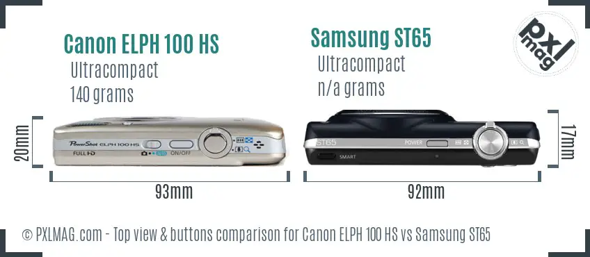 Canon ELPH 100 HS vs Samsung ST65 top view buttons comparison