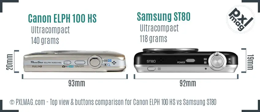 Canon ELPH 100 HS vs Samsung ST80 top view buttons comparison Canon ELPH 100 HS vs Samsung ST80 top view buttons comparison