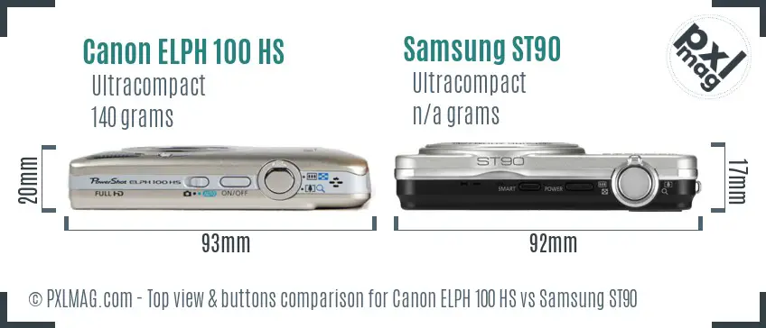 Canon ELPH 100 HS vs Samsung ST90 top view buttons comparison