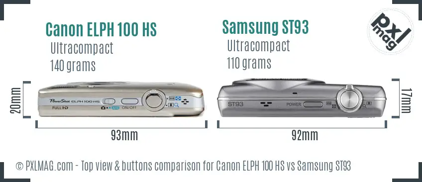 Canon ELPH 100 HS vs Samsung ST93 top view buttons comparison