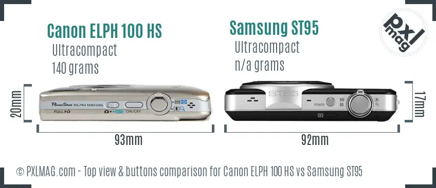 Canon ELPH 100 HS vs Samsung ST95 top view buttons comparison Canon ELPH 100 HS vs Samsung ST95 top view buttons comparison
