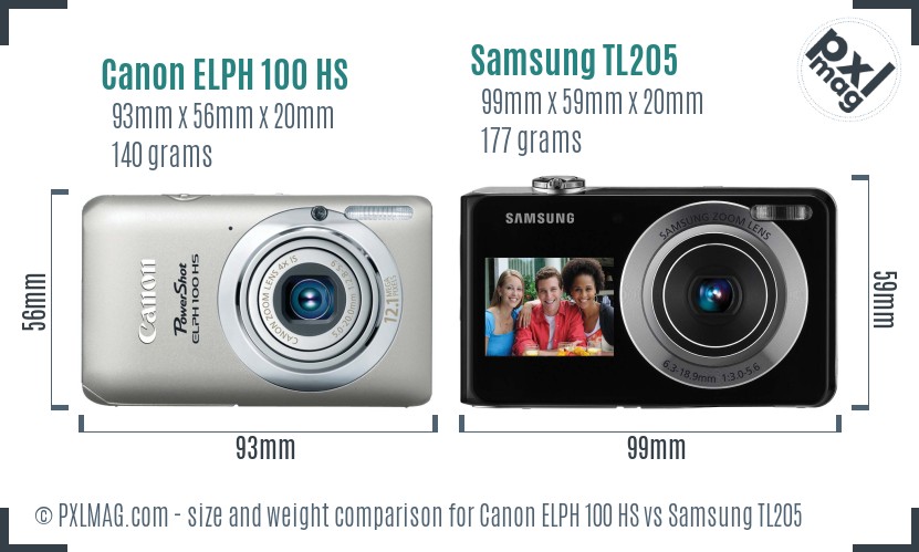 Canon ELPH 100 HS vs Samsung TL205 size comparison