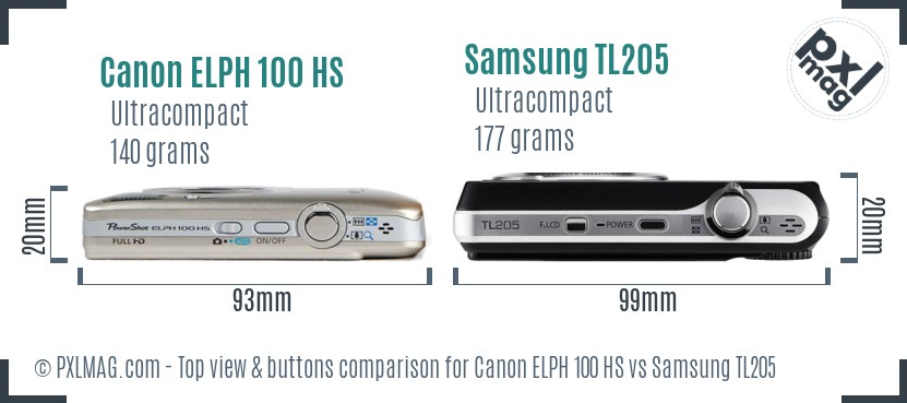 Canon ELPH 100 HS vs Samsung TL205 top view buttons comparison