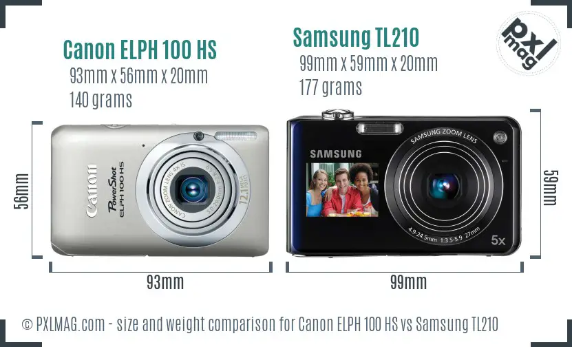 Canon ELPH 100 HS vs Samsung TL210 size comparison