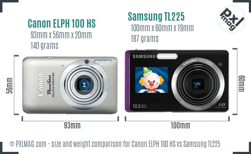 Canon ELPH 100 HS vs Samsung TL225 size comparison