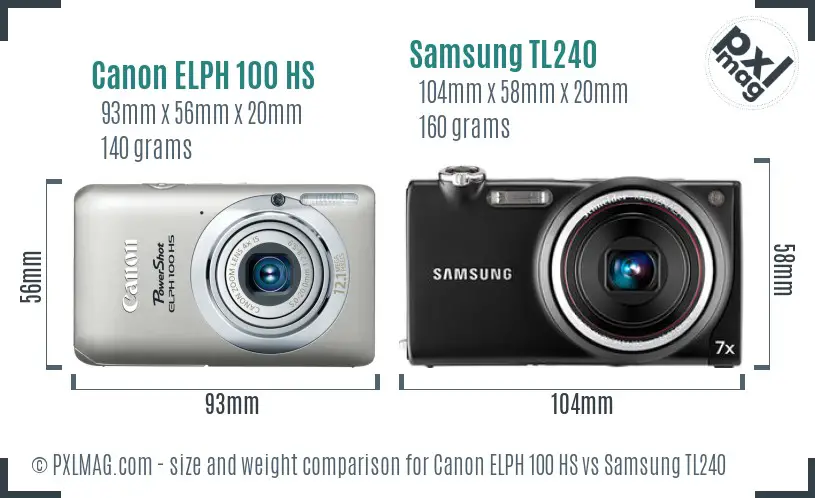 Canon ELPH 100 HS vs Samsung TL240 size comparison