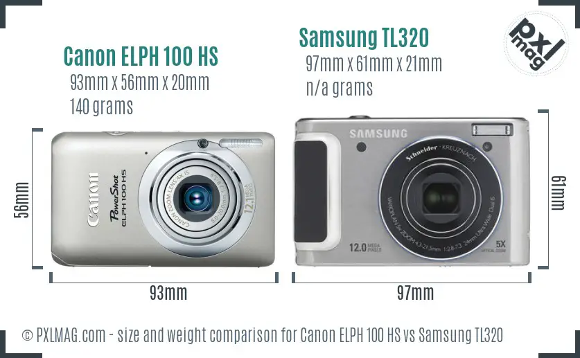 Canon ELPH 100 HS vs Samsung TL320 size comparison