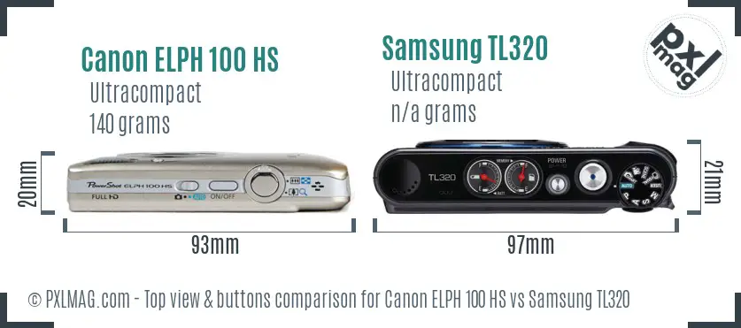 Canon ELPH 100 HS vs Samsung TL320 top view buttons comparison