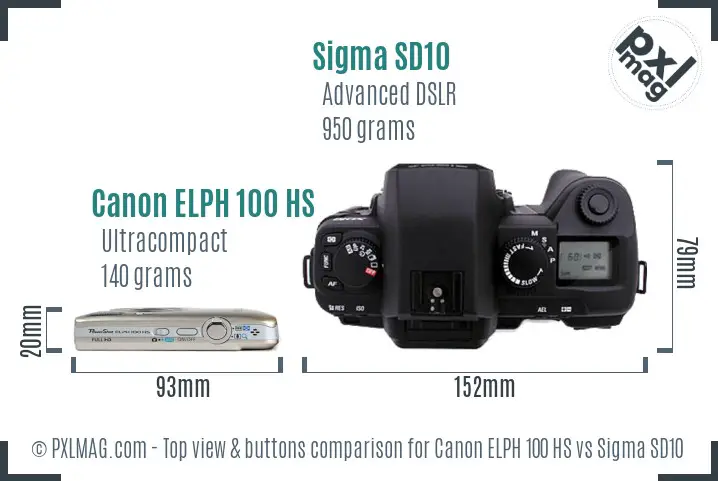 Canon ELPH 100 HS vs Sigma SD10 top view buttons comparison