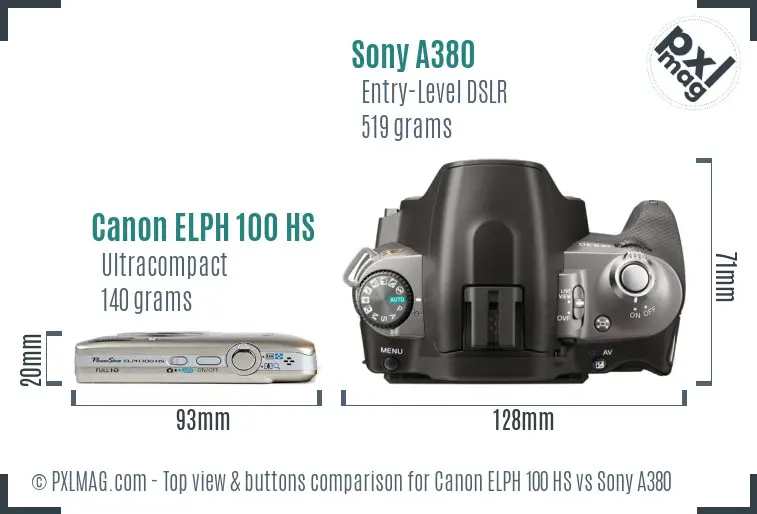Canon ELPH 100 HS vs Sony A380 top view buttons comparison