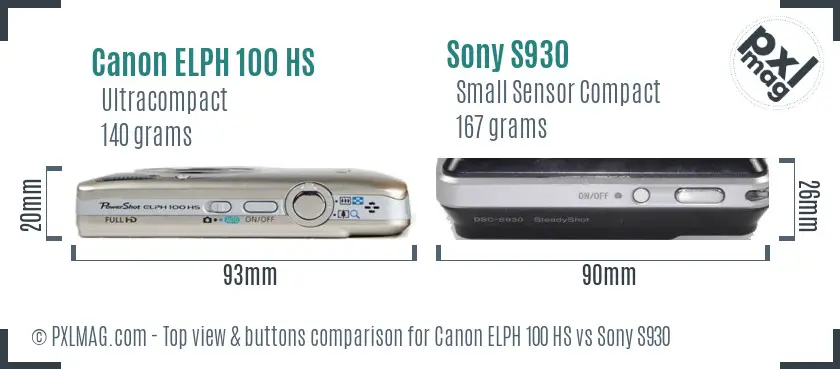 Canon ELPH 100 HS vs Sony S930 top view buttons comparison