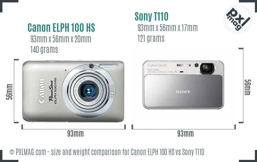 Canon ELPH 100 HS vs Sony T110 size comparison